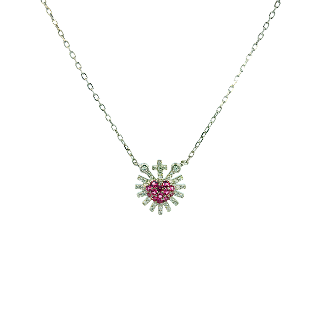 Collar Sagrado Corazón Rojo Con Circonias Plata