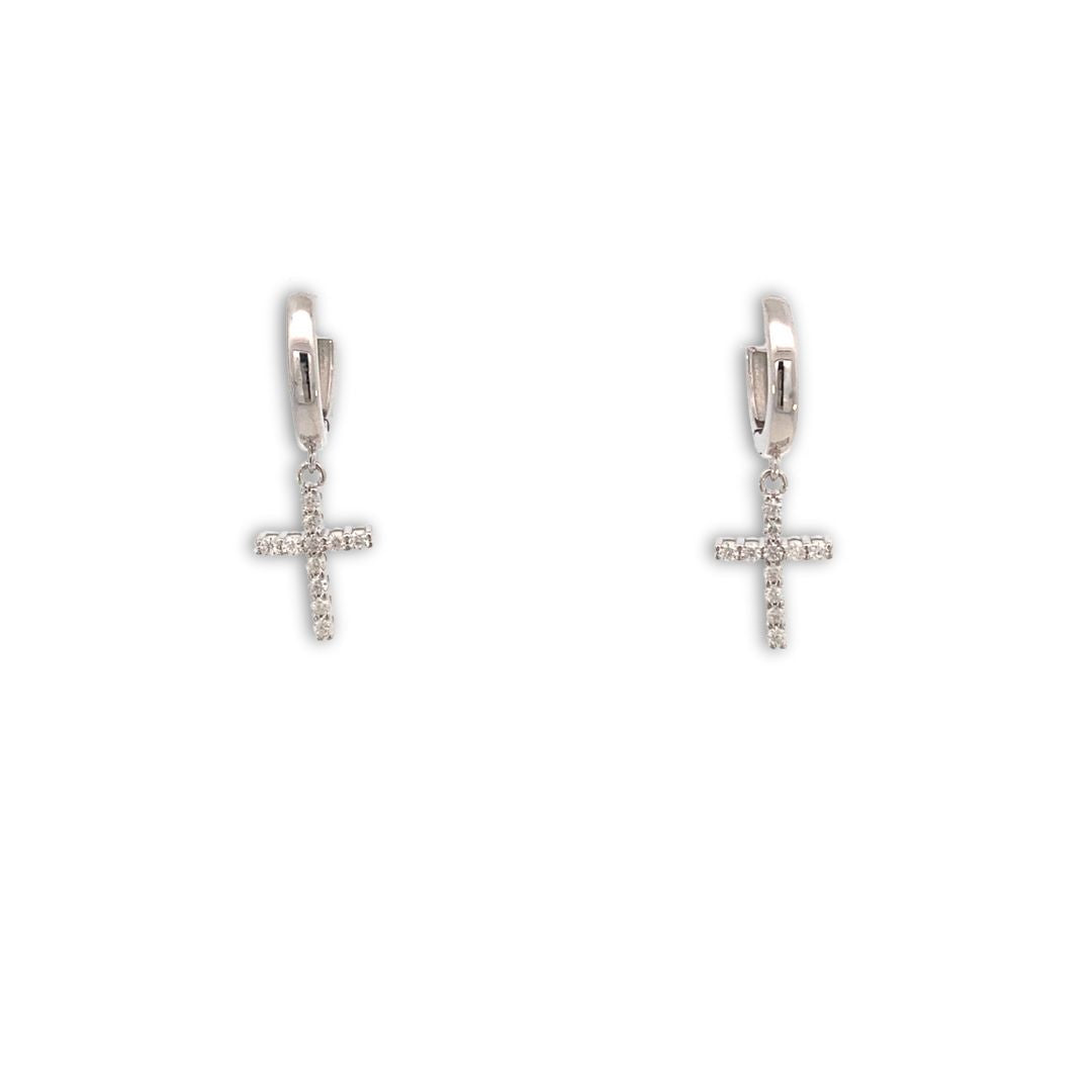 Aretes de arracada en rodio con cruz colgante de Mossonitas de 1.4 mm