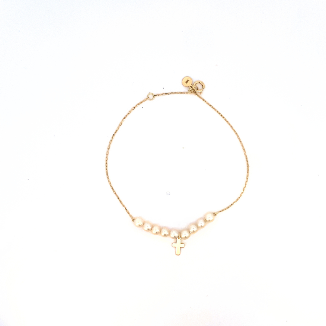 Pulsera de cadenita ajustable de 14k con perlitas y mini Cruz