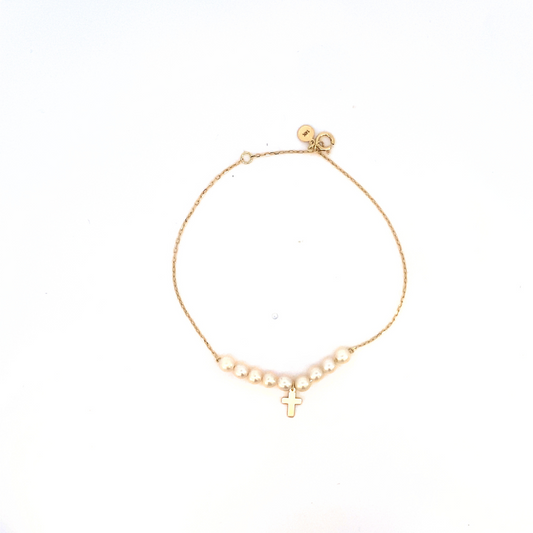 14k adjustable chain bracelet with pearls and mini cross