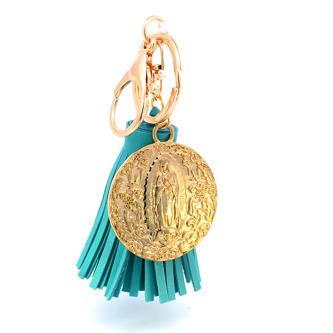 Llavero mota de piel con Medalla Virgen de Guadalupe plata