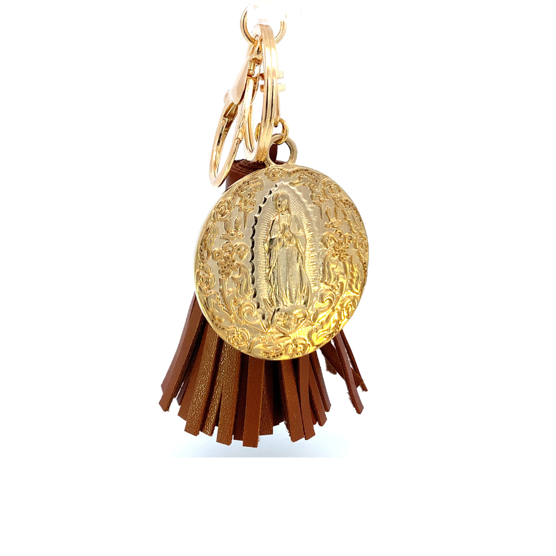Llavero mota de piel con Medalla Virgen de Guadalupe plata