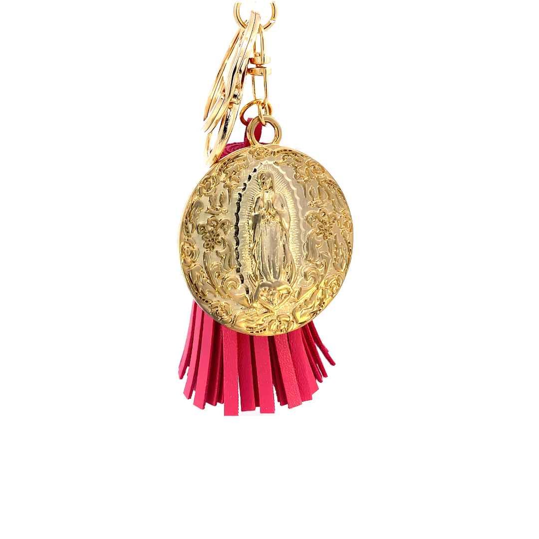 Llavero mota de piel con Medalla Virgen de Guadalupe plata