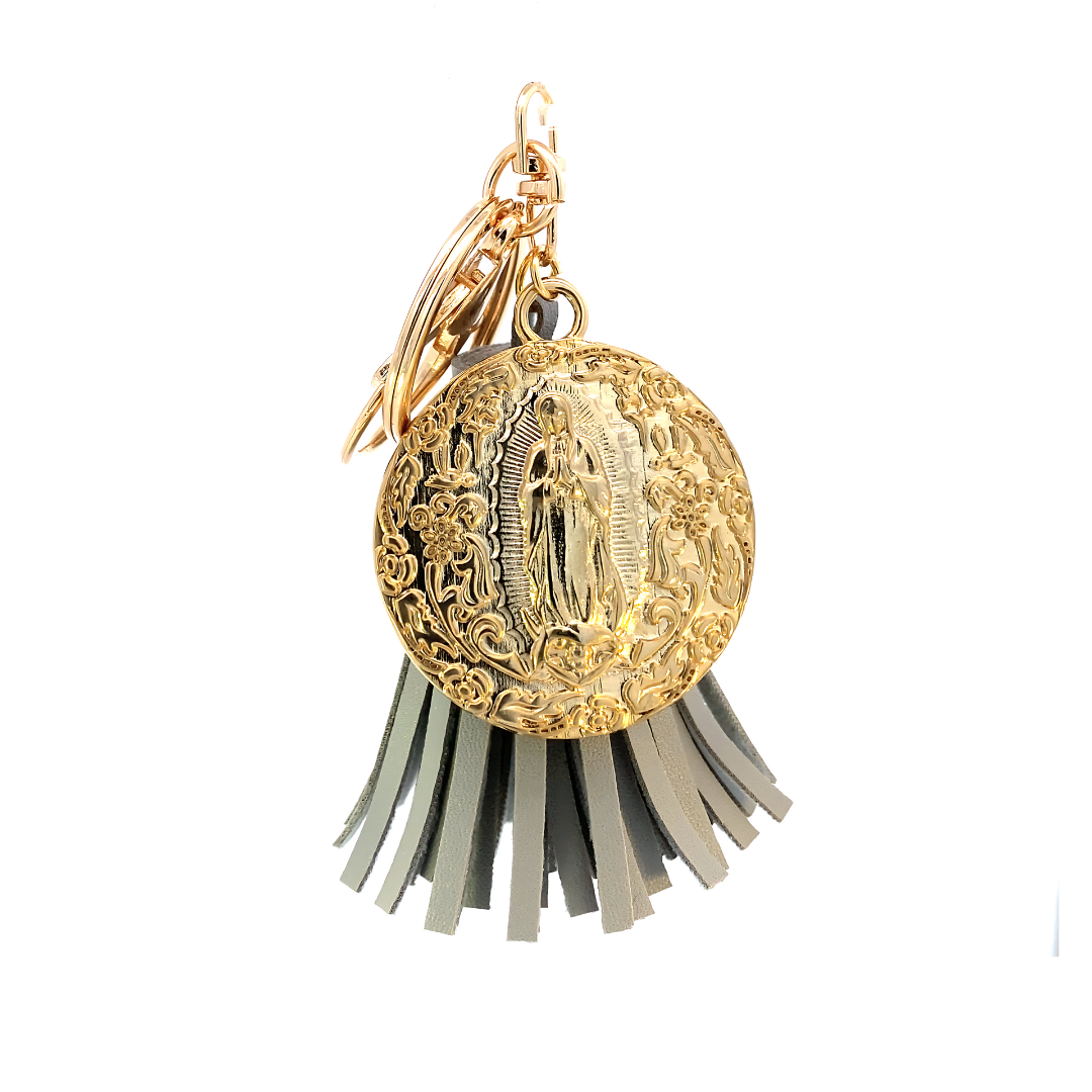 Llavero mota de piel con Medalla Virgen de Guadalupe plata