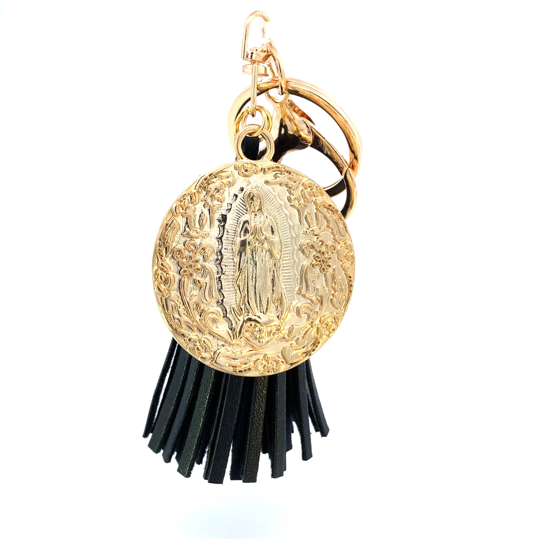 Llavero mota de piel con Medalla Virgen de Guadalupe plata