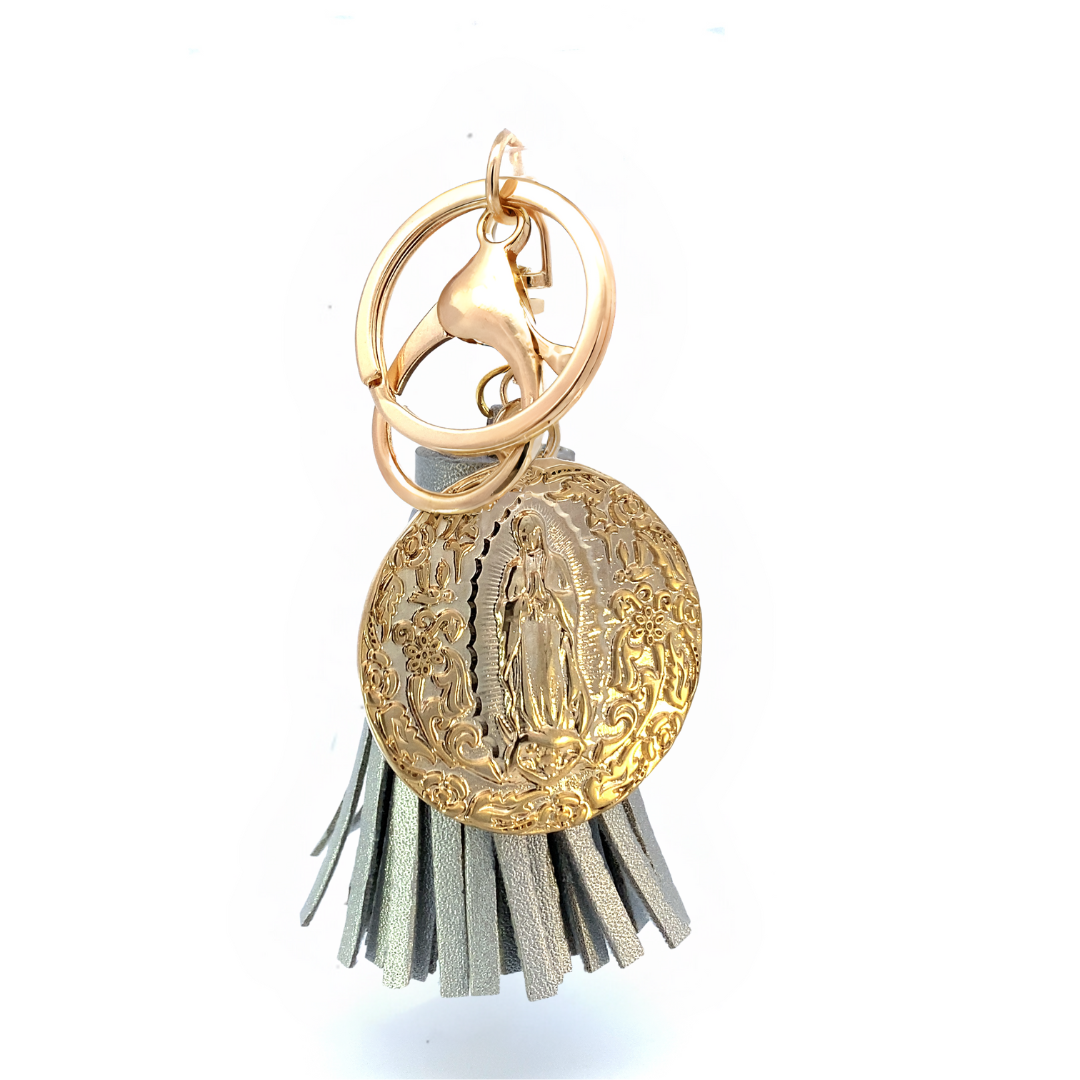 Llavero mota de piel con Medalla Virgen de Guadalupe plata