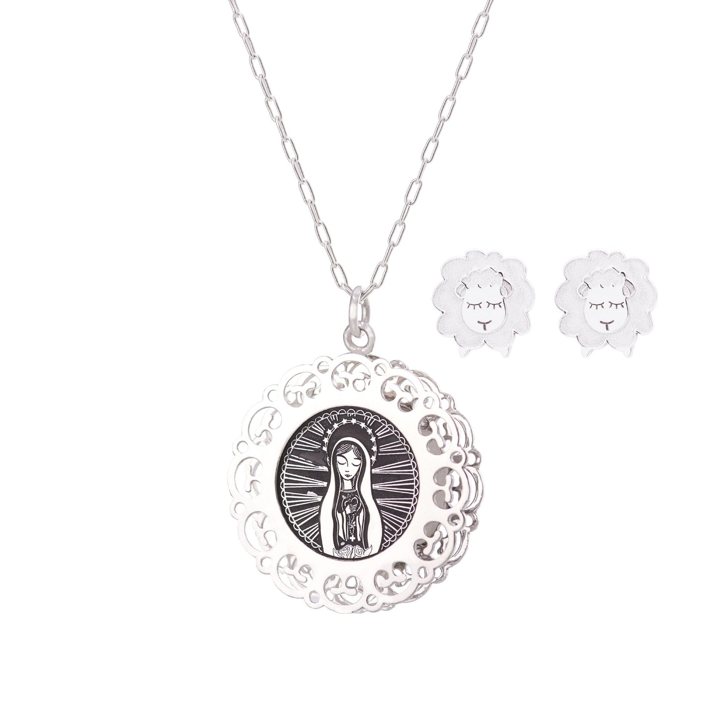 Set medalla de la Virgen de Fátima con aretes de borrego