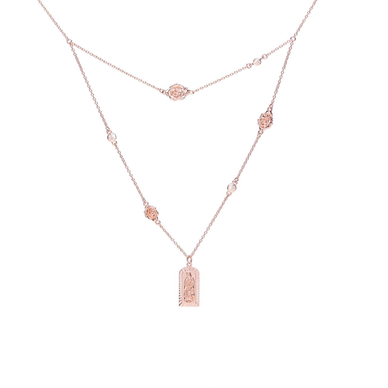 Virgin of Guadalupe medal double chain with roses and zircons