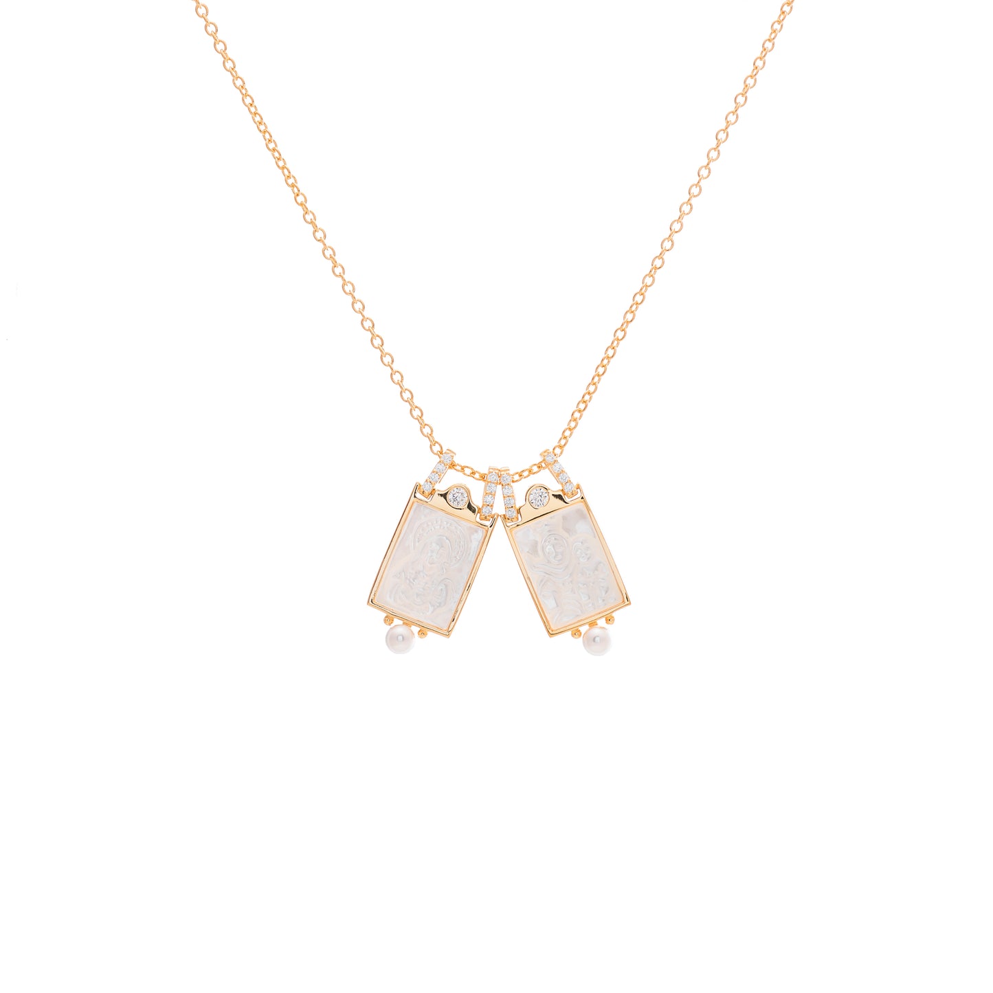 Scapular of the Virgen del Carmen mother of pearl with zircons and pearls