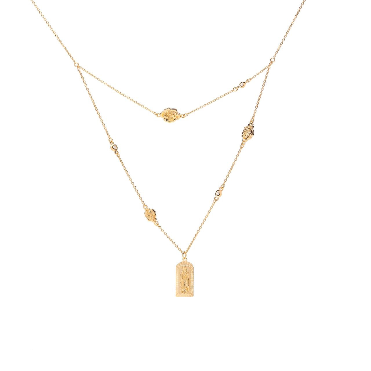 Virgin of Guadalupe medal double chain with roses and zircons