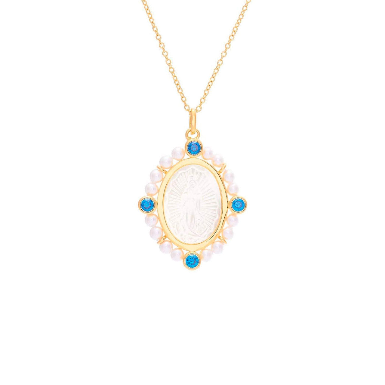 Virgin of Guadalupe mother of pearl medal with frame of pearls and zircons