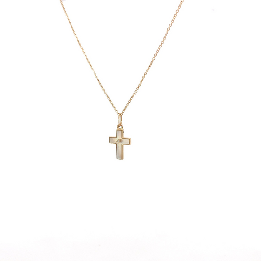 Small 14K gold cross with mother of pearl and zirconia in the center