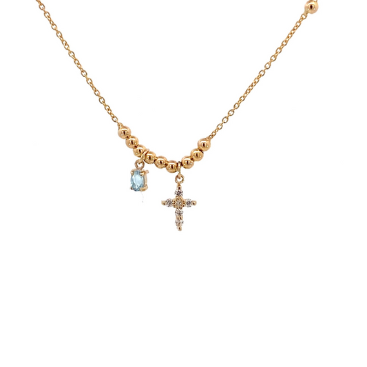 Oval Zirconia and Topaz Cross Necklace with 14K ball chain