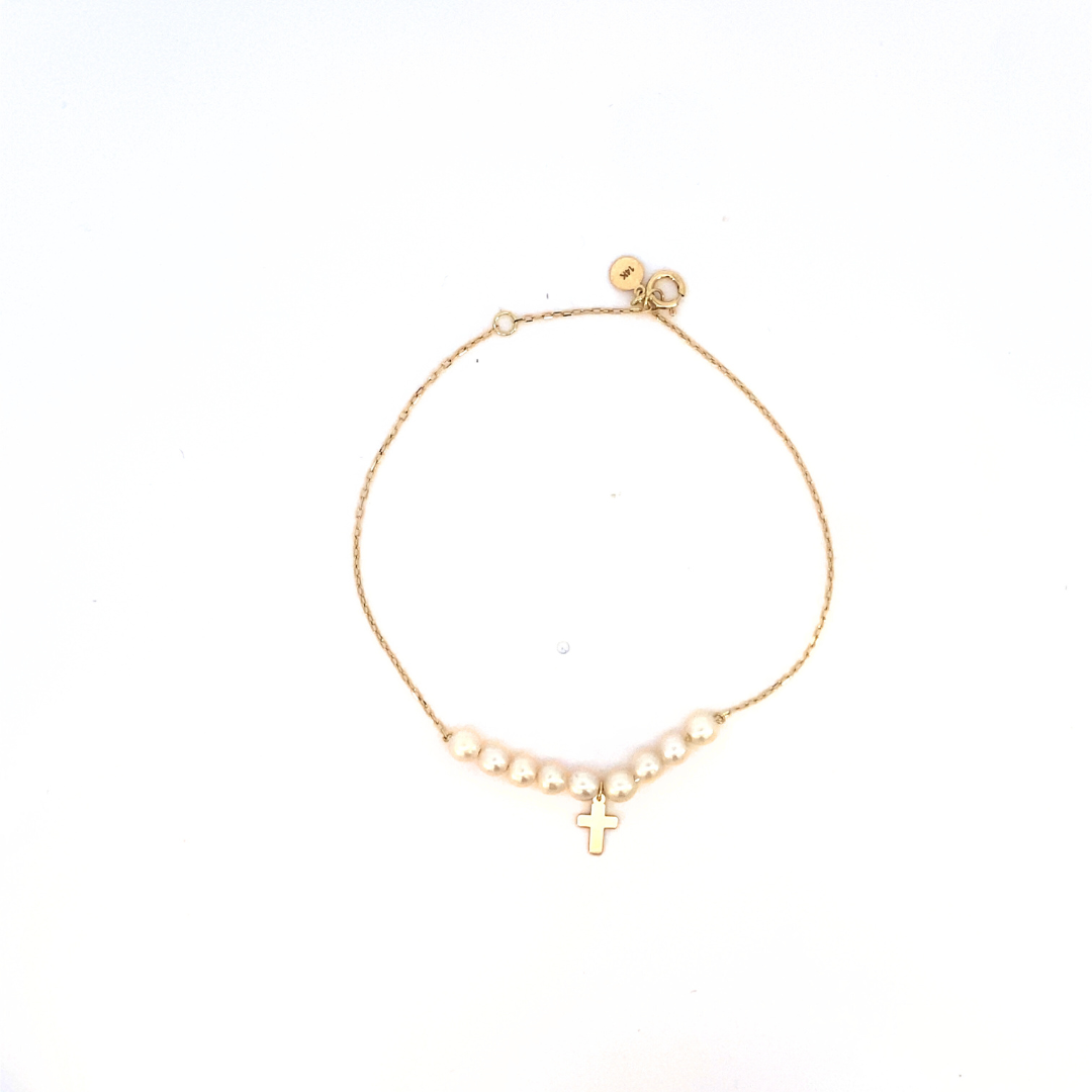 14k adjustable chain bracelet with pearls and mini cross