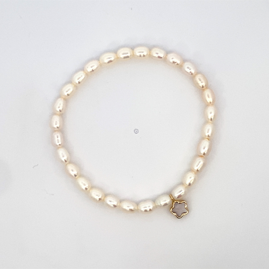 Natural pearl bracelet with 14K gold mini flower and mother of pearl