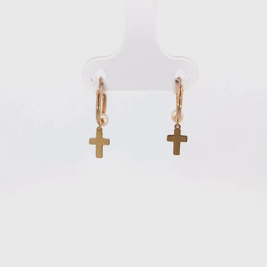 Earrings with mini cross and pearlite 14 K gold 