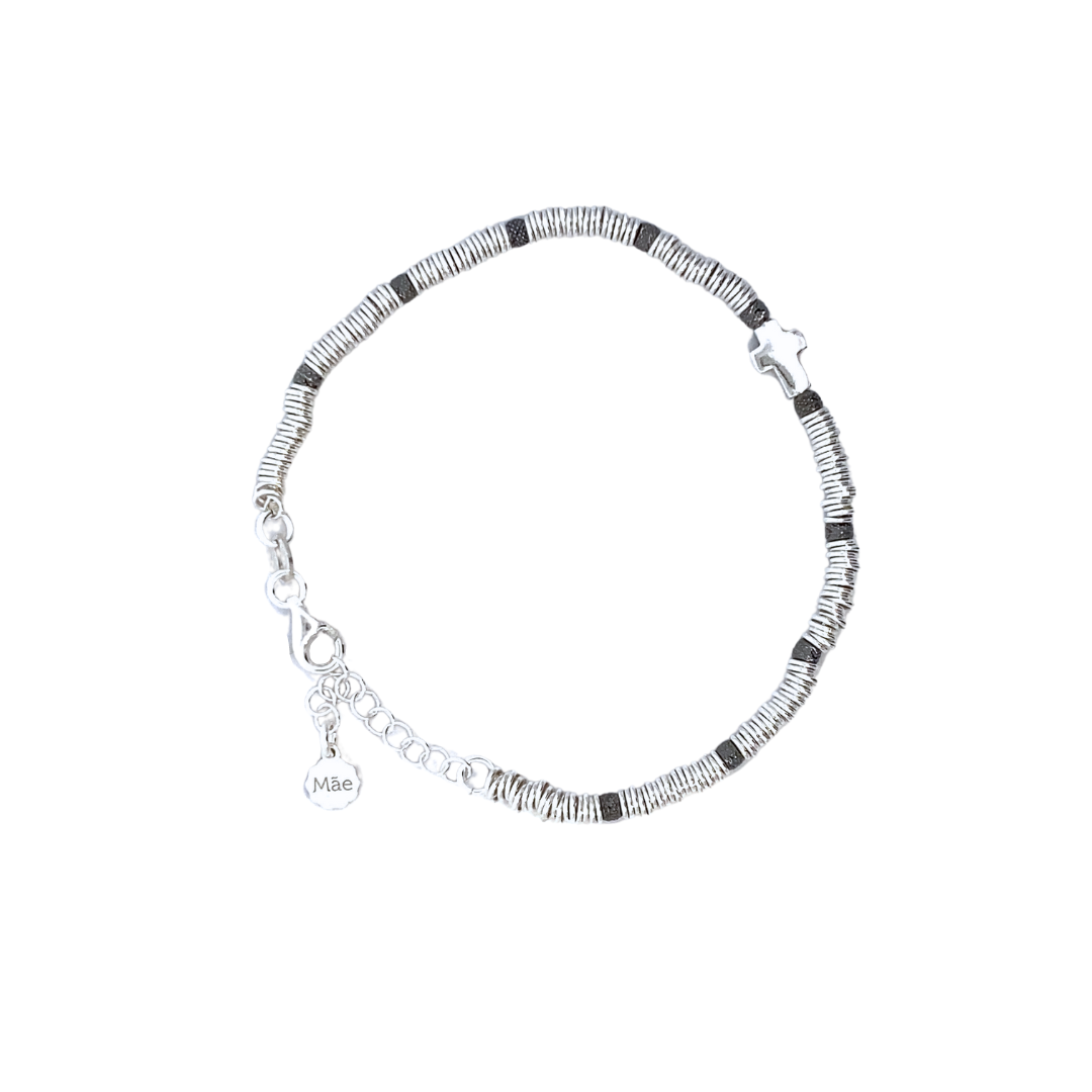 Hoop bracelet with mini cross and black beads