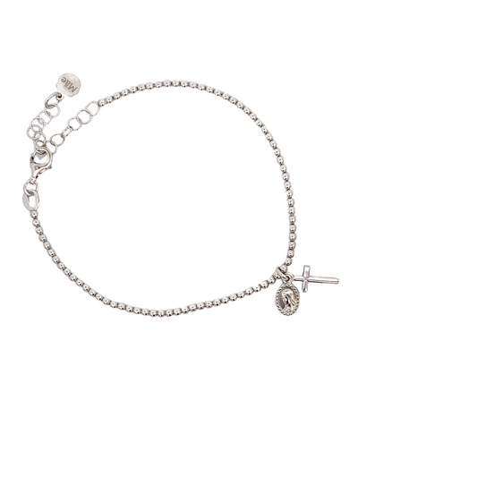 Silver ball bracelet with the Virgin of Medugorje and cross