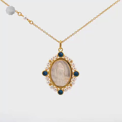 Virgin of Guadalupe mother of pearl medal with frame of pearls and zircons