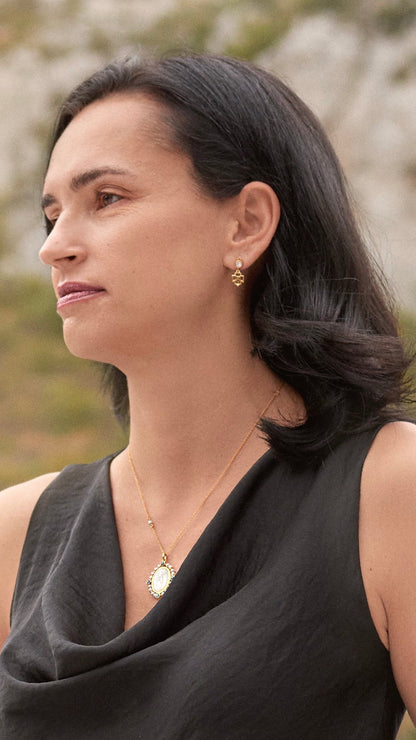 Virgin of Guadalupe mother of pearl medal with frame of pearls and zircons